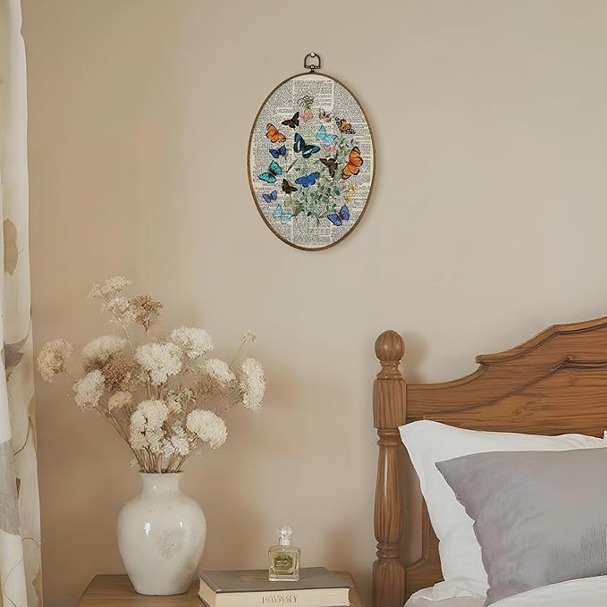 LKETW Vintage Butterfly Oval Wall Art Decor, Cottagecore Butterfly Floral Botanical Oval Canvas Hanging Decor, Retro Nature Moth Insect Wall Decorations for Home Bedroom Living Room, 8.6x11.4 Inch