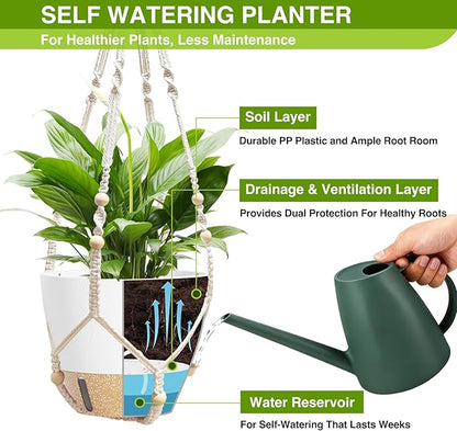 Set of 2 Hanging Planters for Indoor Plants with Self Watering Includes Hanging Pots and 2 Types Plant Hangers, Outdoor Hanging Baskets Holder for Home Garden, 10 Inch Oyster White