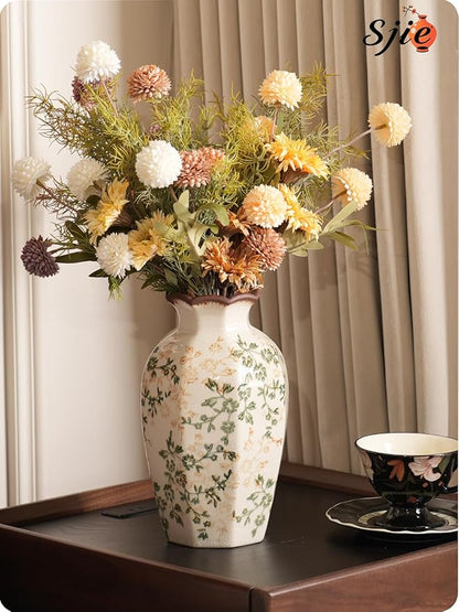 Vintage Ceramic Vase - 9 Inch Hand-Painted Flowers with Ice Crackle Glaze Finish, American Farmhouse Style Pitcher Vase for Home Decor, Centerpiece, Shelf, Table, Office