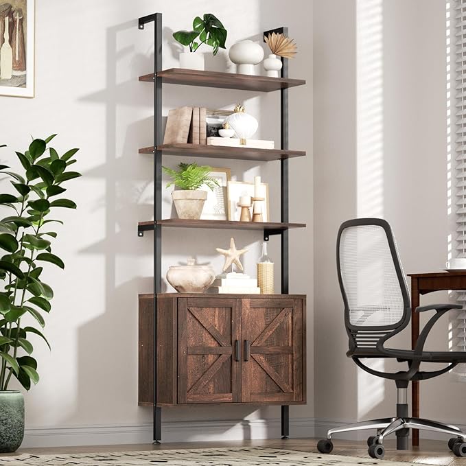 Ladder Bookshelf with Cabinet, 6 Tier Industrial Wall Mount Ladder Bookcase with Farmhouse Cabinet, Tall Narrow Open Ladder Shelf with Metal Frame for Living Room, Bathroom, Home Office, Rustic Brown
