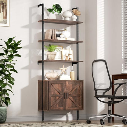 Ladder Bookshelf with Cabinet, 6 Tier Industrial Wall Mount Ladder Bookcase with Farmhouse Cabinet, Tall Narrow Open Ladder Shelf with Metal Frame for Living Room, Bathroom, Home Office, Rustic Brown