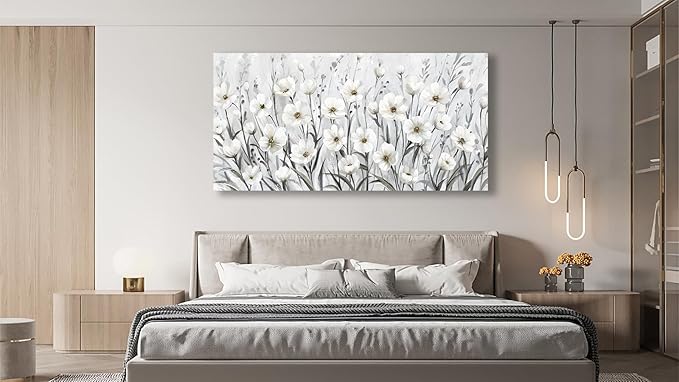 arteWOODS Flowers Canvas Wall Art - Grey White Wildflowers Pictures Wall Decor Botanical Painting Artwork Elegant Floral Prints for Living Room Bedroom Office Home Decor Ready to Hang 48 x 24in