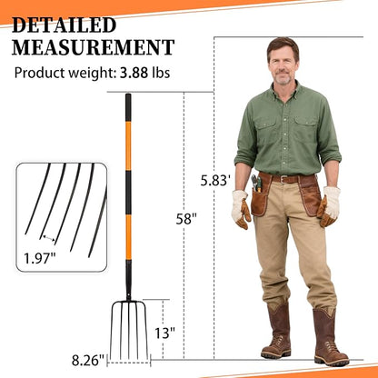 5 Tine Pitchfork for Gardening, Heavy Duty Pitchfork with Fiberglass Handle, Garden Fork for Mulching, 58 Inches