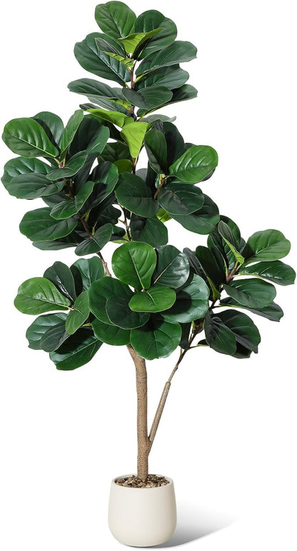 5 ft Fiddle Leaf Fig Tree Artificial with 77 Leaves - Realistic Faux Ficus Lyrata Trees in 7.8 in White Planter Pot, Indoor Fake Floor Plants for Home Office Living Room Decor, Housewarming Gift