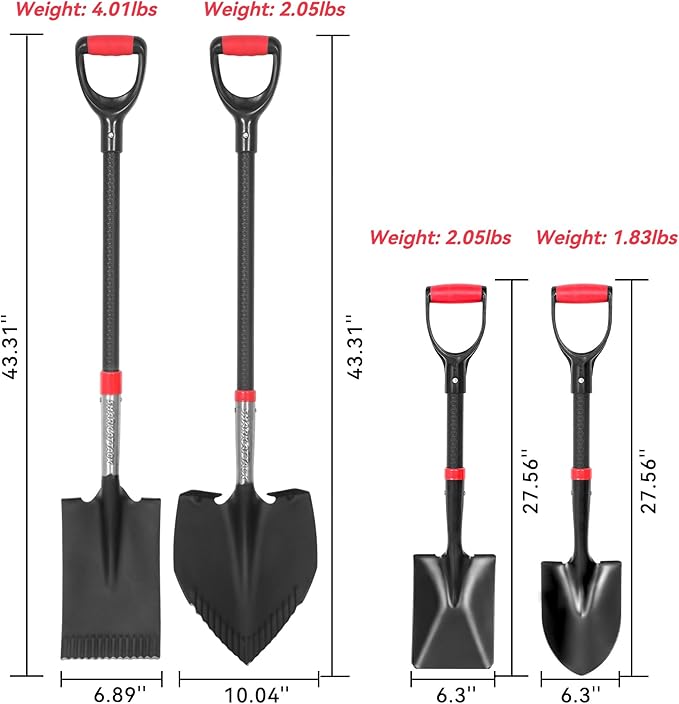 SHARK ATTACK 5-Piece Steel Shovel Set with D-Grip Handles Digging Shovel- Multi-Size Garden Shovels with Powder Coating for Digging, Planting & Car Emergency