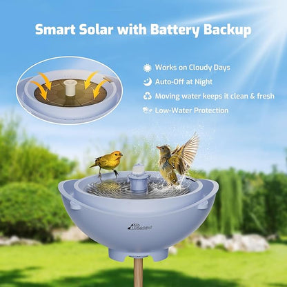 Solar Bird Bath with Fountain and Battery Backup, 3-in-1 Hanging or Freestanding Birdbath, Low-Water Protection & 3 Nozzles for Garden Patio Decor (Sky Blue)