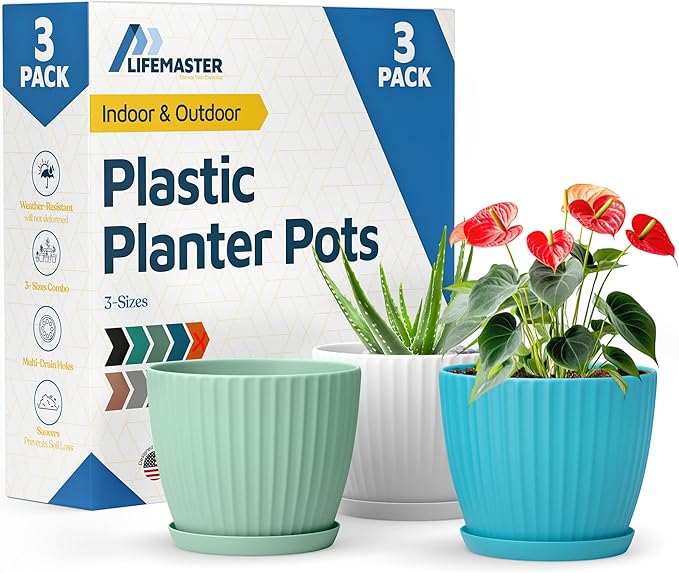 Multicolor 6-Inch Plant Pots with Drainage & Saucers 3 Pack, Indoor & Outdoor Planters for Houseplants, Herbs, and Flowers, Durable & Weatherproof Material, Stackable, Lightweight, Minimalist Design