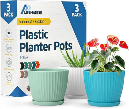 Multicolor 6-Inch Plant Pots with Drainage & Saucers 3 Pack, Indoor & Outdoor Planters for Houseplants, Herbs, and Flowers, Durable & Weatherproof Material, Stackable, Lightweight, Minimalist Design