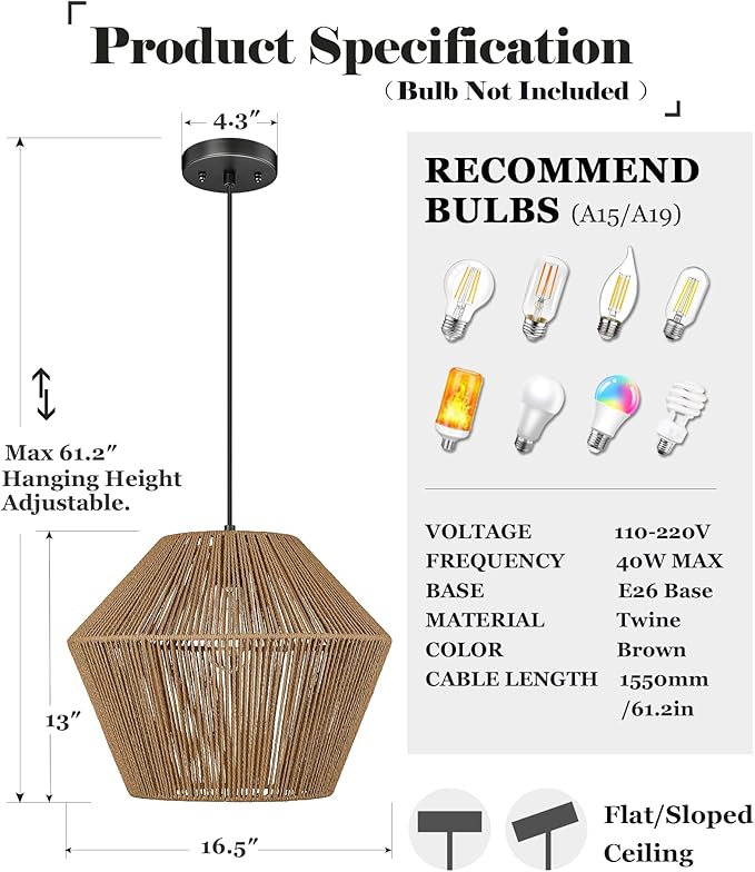 ELYONA 16.5” Large Woven Pendant Light Modern Boho Chandelier Handwoven Rattan Basket Shade Rustic Pendant Light Fixtures Farmhouse Ceiling Hanging Lamp for Dining Room Kitchen Bedroom Entryway Foyer