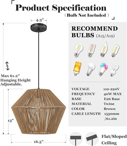 ELYONA 16.5” Large Woven Pendant Light Modern Boho Chandelier Handwoven Rattan Basket Shade Rustic Pendant Light Fixtures Farmhouse Ceiling Hanging Lamp for Dining Room Kitchen Bedroom Entryway Foyer