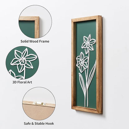 HKBS 3D Wooden Floral Wall Art, Set of 2 Framed Flowers Wall Art Sculptures, Boho Farmhouse Minimalist decor for Bathroom, Bedroom, Living Room, Kitchen or Office Wall Decorations Housewarming Gifts (Green)