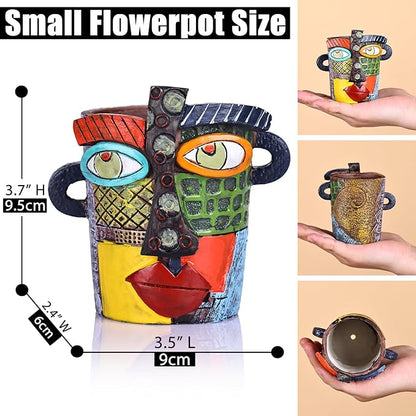 Mini Face Planters Pots Head, Abstract Colorful Graffiti Cute Mini Pots for Plants with Drainage, Ideal for Indoor Outdoor Unique Planters for Plants (Colored)