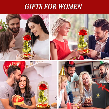 Christmas Birthday Gifts for Women,Beauty and The Beast Rose in Glass Dome,Silk Rose Forever Flowers with Lights,Mom Gift,Romantic Gifts for Her,Anniversary Flower Gifts for Women,Gifts for Girlfriend