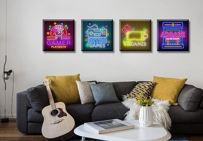 BLINFEIRU Game Room Decor Wall Art Video Gaming Pictures Canvas Prints 4 Piece Cool Pop Gaming Posters for Teen Room Boys Bedroom Framed Ready to Hang 12"x12"x4