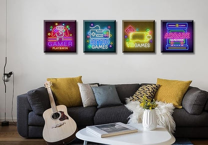 BLINFEIRU Game Room Decor Wall Art Video Gaming Pictures Canvas Prints 4 Piece Cool Pop Gaming Posters for Teen Room Boys Bedroom Framed Ready to Hang 12"x12"x4