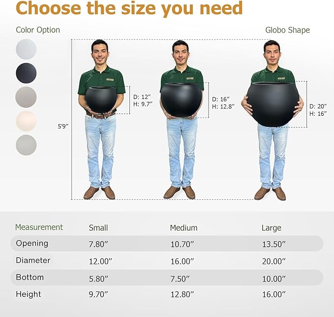 12.8" H x 16" D Globo Fiberstone Round Planter with Drainage Hole, Smooth Finishes, Weather Resistant for Indoor and Outdoor Use, Included 2 Extra Coco Mats (Black, 10.7" Pot Opening)