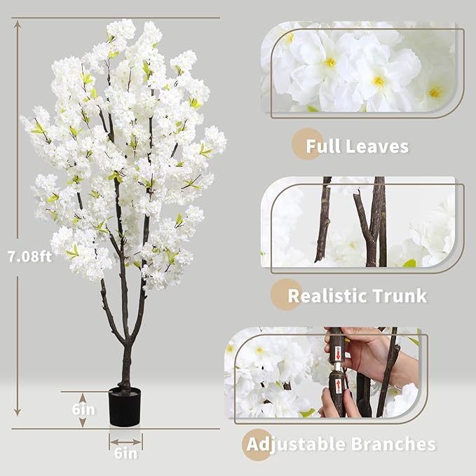 Faux White Cherry Blossoms Tree 6FT Flowering Tree Artificial Cherry Blossom Tree for Bedroom Home Christmas New Year Decor