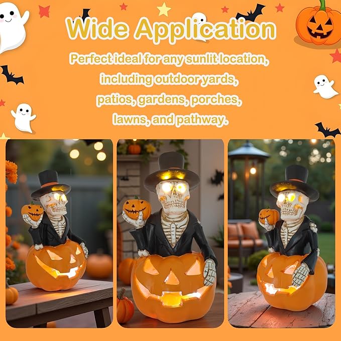 Solar Outdoor Decorations Wizard Skeleton with Pumpkin Figurine Lights, Fall Pumpkin Garden Decor for Yard Patio Porch Balcony, LED Skull Gothic Party Accessories, Home Gift for Thanksgiving Harvest