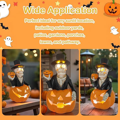 Solar Outdoor Decorations Wizard Skeleton with Pumpkin Figurine Lights, Fall Pumpkin Garden Decor for Yard Patio Porch Balcony, LED Skull Gothic Party Accessories, Home Gift for Thanksgiving Harvest
