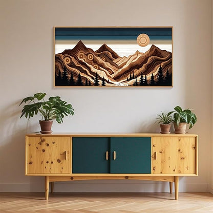 Large Abstract Mountain Woodcut Framed Canvas Wall Art,Modern Tree Ring Wall Decor,Sunrise Ridge Scenery Painting,Retro Desert Artwork for Living Room,Bedroom,Dining Room,Office -20"x40"x1
