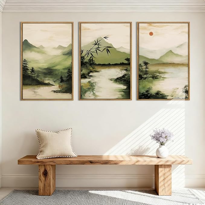 ANHUIB Green Mountain Wall Art Japanese Misty Landscape Wall Decor Foggy Forest Painting 16x24 Inch for Living Room Bedroom Bathroom