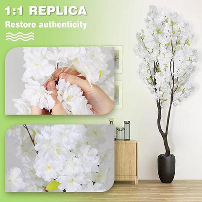 6.56ft White Artificial Cherry Blossom Tree Indoor Decor,Nearly Nature Silk Flower Fake Tree Tall,Realistic Faux Cherry Plant Tree for Christmas New Year Home Decor