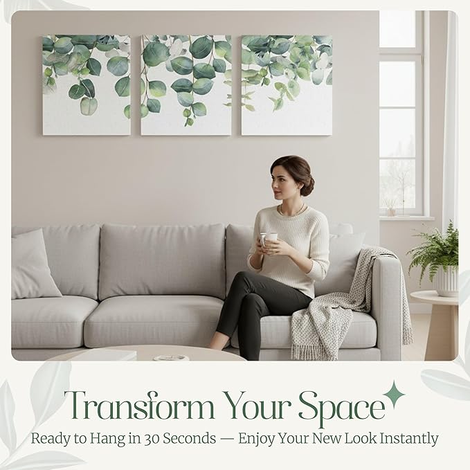Aria Walls Eucalyptus Wall Art Set of 3 – 16x20 Minimalist Botanical Prints | Framed Sage Green Decor for Bedroom, Living Room, Office | Ready to Hang, Japandi Boho Style