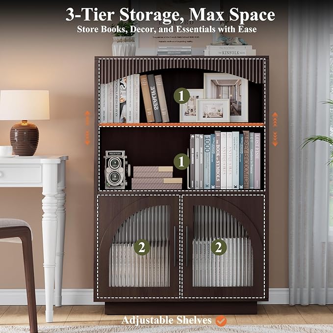 46" Bookshelf with Doors, Brown Bookcase with Glass Door, 3 Tier Small Bookshelf w/Deep Storage Cabinet and Adjustable Shelves, Wood Standing Mid Century Book Shelf for Home Office Kitchen