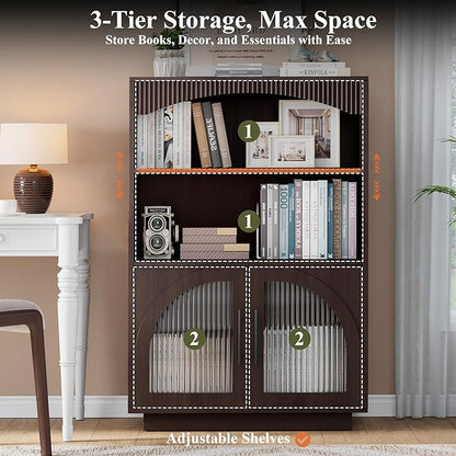 46" Bookshelf with Doors, Brown Bookcase with Glass Door, 3 Tier Small Bookshelf w/Deep Storage Cabinet and Adjustable Shelves, Wood Standing Mid Century Book Shelf for Home Office Kitchen