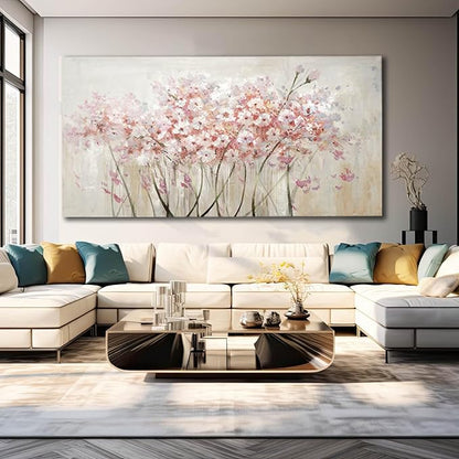 YJYart Home Decor Pink Blossom Hand Painted 30x60 Inch Colorful Wall Art Large Canvas Wall Art for Living Room Bedroom Office Kitchen