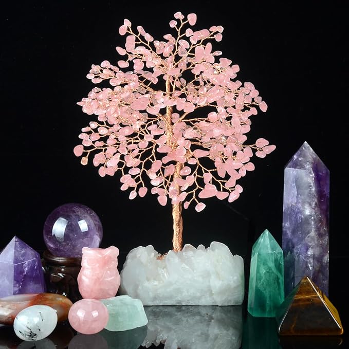 Gemstone Crystal Tree of Life,Natural Rose Quartz (406 Stones) with Clear Quartz Base,Chakra Balancing Positive Energy Feng Shui Home Decor Bonsai Money Tree,Birthday Gift 8.5"-9"
