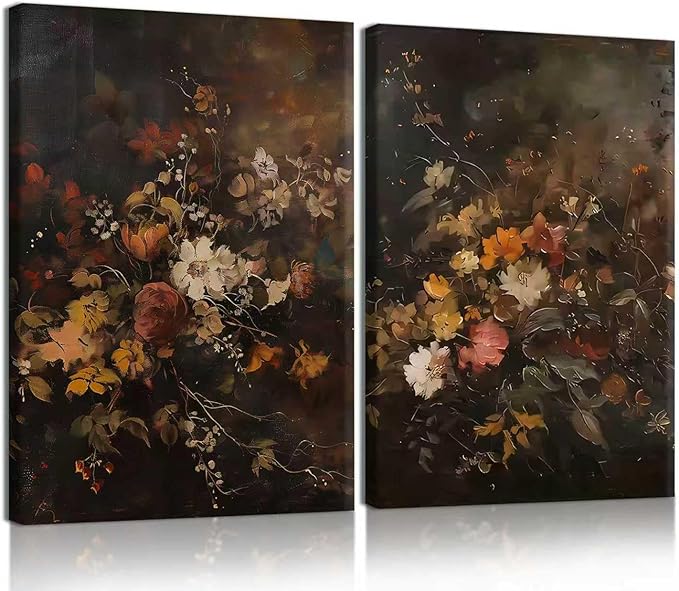 2pcs Vintage Dark Floral Canvas Wall Art Moody Autumn Floral Wall Decor Pictures Country Flowers Posters Prints Still Life Paintings for Farmhouse Living Room Bedroom Dining Room Decor 12x16 Inch