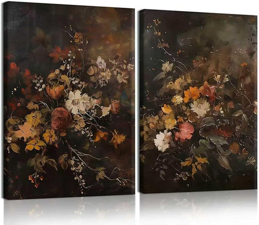 2pcs Vintage Dark Floral Canvas Wall Art Moody Autumn Floral Wall Decor Pictures Country Flowers Posters Prints Still Life Paintings for Farmhouse Living Room Bedroom Dining Room Decor 12x16 Inch