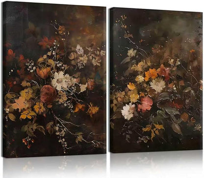 2pcs Vintage Dark Floral Canvas Wall Art Moody Autumn Floral Wall Decor Pictures Country Flowers Posters Prints Still Life Paintings for Farmhouse Living Room Bedroom Dining Room Decor 16x24 Inch