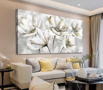 arteWOODS Flowers Canvas Wall Art - Gray White Flowers with Yellow Accents Pictures Wall Decor Botanical Painting Artwork Elegant Floral Prints Home Decor Living Room Bedroom Ready to Hang 40 x 20in