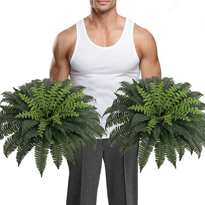 JUSTOYOU 36" Artificial Boston Fern Bush, Artificial Ferns for Outdoors Large Set of 2 with 60 Fronds Faux Ferns UV Resistant Fake Plants for Indoor and Outdoors Home Office Greenery Decor