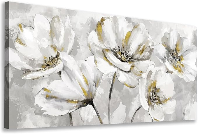 arteWOODS Flowers Canvas Wall Art - Gray White Flowers with Yellow Accents Pictures Wall Decor Botanical Painting Artwork Elegant Floral Prints Home Decor Living Room Bedroom Ready to Hang 40 x 20in