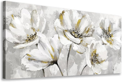 arteWOODS Flowers Canvas Wall Art - Gray White Flowers with Yellow Accents Pictures Wall Decor Botanical Painting Artwork Elegant Floral Prints Home Decor Living Room Bedroom Ready to Hang 40 x 20in