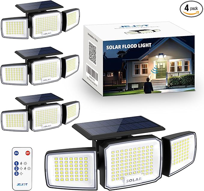 Solar Security Light Outdoor Super Bright LED w/Remote Control, Radar Motion Sensor Flood Light, 3 Heads 270° Wide Angle, IP65 Waterproof, 3 Modes (4 Packs)