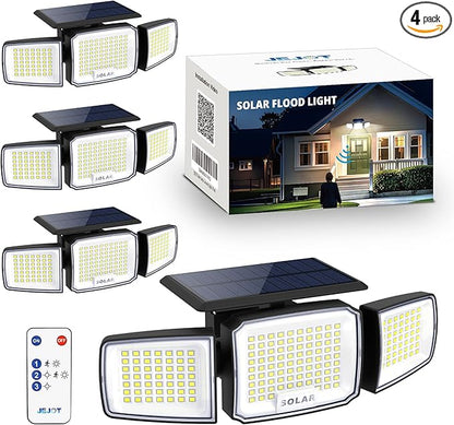 Solar Security Light Outdoor Super Bright LED w/Remote Control, Radar Motion Sensor Flood Light, 3 Heads 270° Wide Angle, IP65 Waterproof, 3 Modes (4 Packs)