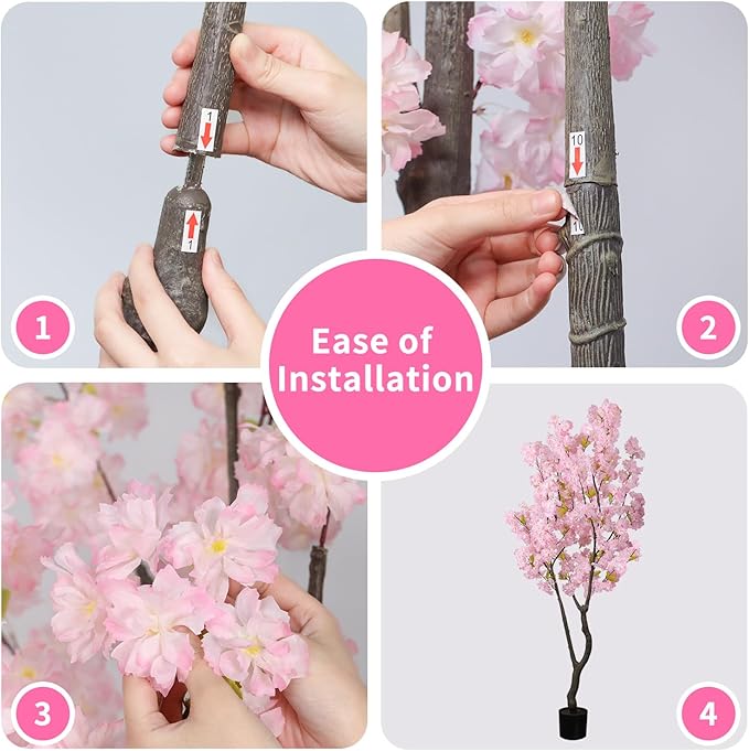 6.56ft Tall Pink Artificial Cherry Blossom Tree Decor, Fake Silk Flower Plant Indoor, Sakura Tree Realistic Faux Cherry Tree for Christmas New Year Home Decor