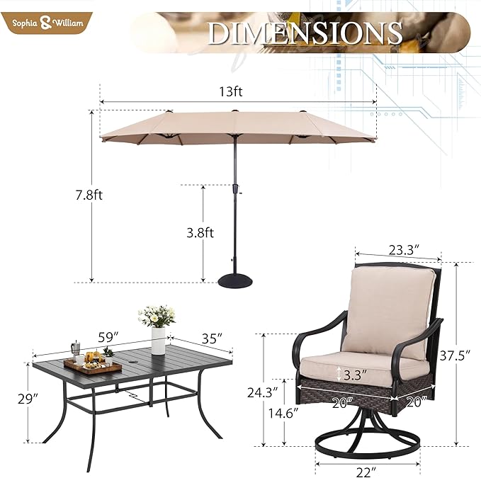 Sophia & William Patio Table and Chairs with 13ft Double-Sided Umbrella, 8 Piece Outdoor Dining Furniture Set with 6 Padded Patio Swivel Dining Chairs, 1 Rectangular Metal Patio Table & 1 Umbrella