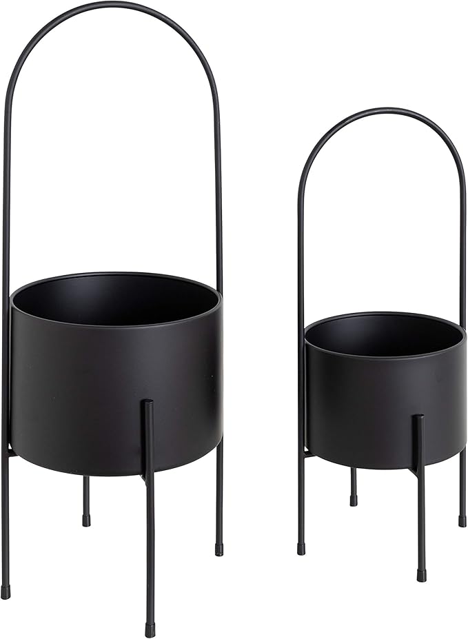 Kate and Laurel Peeto Modern Planter Set, Set of 2, Black, Decorative Freestanding Planters for Indoor Plants