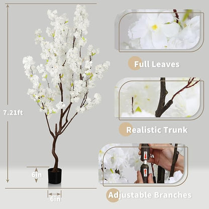 7.2ft Tall Artificial White Cherry Blossom Tree Indoor Decor, Fake Silk Flower Cherry Tree Plant Outdoor, Faux Flowering Tree Christmas New Year Home Decor
