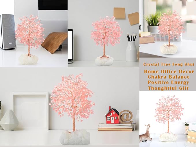 Gemstone Crystal Tree of Life,Natural Rose Quartz (406 Stones) with Clear Quartz Base,Chakra Balancing Positive Energy Feng Shui Home Decor Bonsai Money Tree,Birthday Gift 8.5"-9"