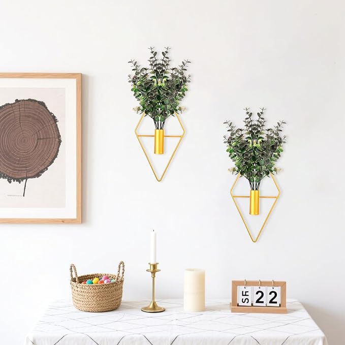 Wall Decor Hanging Planters with Artificial Plants, Modern Metal Wall Planter Set with Greenery Eucalyptus, Geometric Fake Plants for Gold Decor Living Room Aesthetic (4 Pcs)