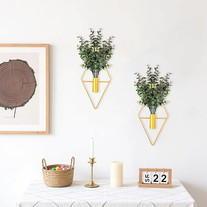 Wall Decor Hanging Planters with Artificial Plants, Modern Metal Wall Planter Set with Greenery Eucalyptus, Geometric Fake Plants for Gold Decor Living Room Aesthetic (2 Pcs)