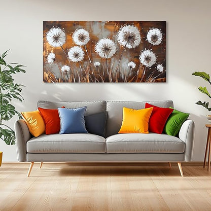 Dandelion Flower Wall Art Canvas Countryside Flower Field Pictures Wall Decor Wildflower Pictures Dandelions Painting White Bloosom Artwork Modern Landscape for Farmhouse Bathroom Living Room Bedroom Office (16x32 Inches)