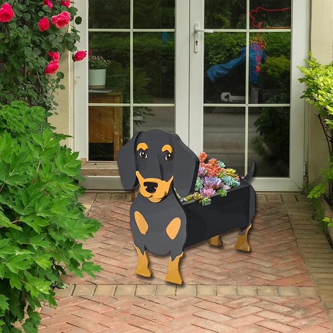 Black and Tan Dachshund Dog Planter Plant Pots,Cute Dog Flower Planter,Gifts for Pet Lovers,Unique Animal Plant Pots,Office,Indoor Outdoor Garden Decor(9.45 * 7.5 * 13.39in)