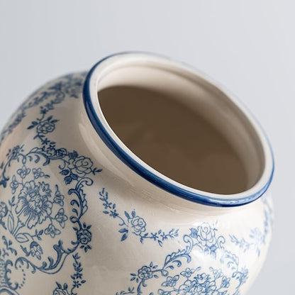 Blue and White Vase, Vintage Blue Ceramic Flower Vessel,Ceramic vases for Home Decor,Vintage Vase for Home Decor, Living Room, Shelf, Office, Rustic Table Centerpiece (Round)